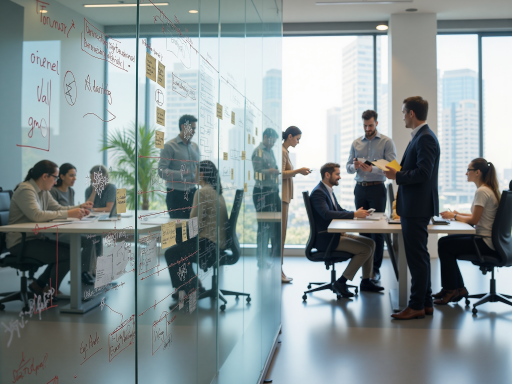 现代办公环境，开放式工作区域，年轻专业团队正在讨论项目，玻璃隔断会议室，明亮自然光线